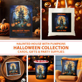 Halloween spookhuis met pompoenenfeest cadeaulabel