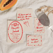 rode hand geschreven eigenzinnige moderne bruilof save the date