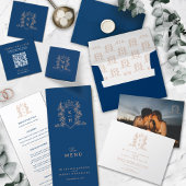 Monogram kuif hart kroon blauw roos gouden bruilof kaart