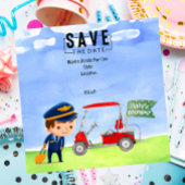 Golfbal met putter op groen gras aankondigingskaart