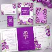 Stock paarse bloemen bruiloft details met QR-code Informatiekaartje