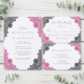 Elegant Hot Pink and Black Floral Lace Wedding Kaart (Personaliseer de collectie van deze zelfstandige maker.)