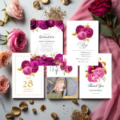 Hot-Pink en Gold Floral Quinceañera All In One Uitnodiging