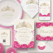 Hete Roze Elegante Bloemen Quinceanera Bedankkaart