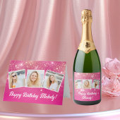 Hot Pink Sparkle Photo Collage Verjaardagsfeest Sparkling Wijnetiket
