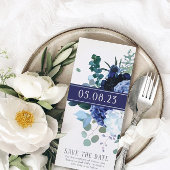 Stijlvolle zachte indigo en blauwe bruiloft  plaatskaartje