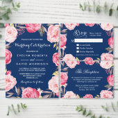 Classy Botanical Pink Flowers Navy Blue Etiket (Personaliseer de collectie van deze zelfstandige maker.)