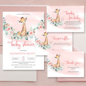 Girl baby giraffe dusty roze bloemen eucalyptus bedankkaart