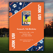 Kinder sportpatroon op blauw & Sinaasappel Verjaar Bedankdoosjes