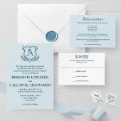 Pastel Blauw Blad en Bloemen Monogram Bruiloft Programmakaart