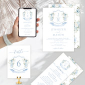 Blue Floral Crest Monogram Huwelijk RSVP Kaarten