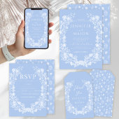 Blauw wit bloemenkrans rustieke klassieke bruiloft kaart