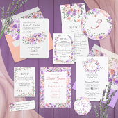 Lila en perzik Roos tuin wijnstok bruiloft details Informatiekaartje