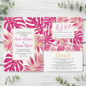 Magenta roze tropical monstera palm leaves bruilof kaart (Personaliseer de collectie van deze zelfstandige maker.)