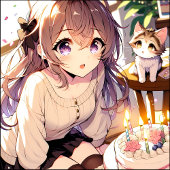  anime meisje met kitten en verjaardagstaart confetti