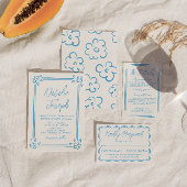 Mediterraan Blauw Hand Getrokken bruiloft Details Informatiekaartje