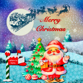 Vrolijke Kerstman, Sleigh, Rendieren, Sneeuwvlok Wijn Etiket