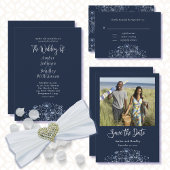 Dark Navy White Wildflower QR Code Detail Wedding Informatiekaartje