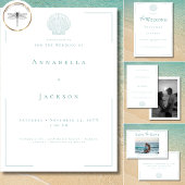 Minimale typografie Aqua & White Shell Wedding Kaart