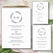 Wit Zwart Bladkrans Monogram Vrijgezellenfeest Kaart