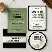 Modern gebogen zwart goud bruiloft botanische them save the date