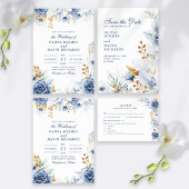 Elegante blauwe en gouden bloemenbruiloft save the date