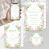 Boho roze bloemenkrans tuin bruiloft uitnodiging