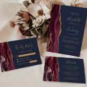 Modern Burgundy Gold Agate Navy Blue Wedding All In One Uitnodiging