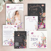 Modern chique wilde bloemen script fonds afstudere informatiekaartje