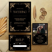 Modern Deco | Elegant Black and Gold Wedding Kaart