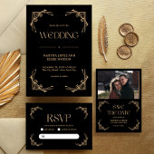 Moderne Deco | Elegante Zwarte en Gouden Bruiloft Menu