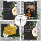 Moderne witte pioenen op zwart geen diner all in one uitnodiging