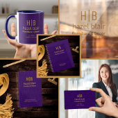 Grand Opening Paarse en Gouden Monogrammed Busines Kaart