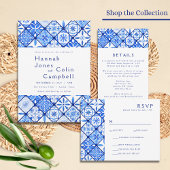 Moderne mediterrane blauwe Tegel bruiloft Menu