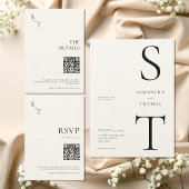 Moderne minimalistische zwart en Ecru monogram bru RSVP Kaartje