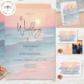 Modern Ocean Sunset Waterverf Beach Wedding QR RSVP Kaartje
