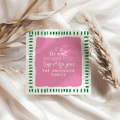 Aangepaste Familienaam Modern Roze & Groene Kerstm Keramisch Ornament