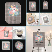 Moderne Roze Uil Bloemen & Raster Baby shower Kaart
