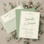 Modern Sage Green Wavy Stripe Photo Wedding Kaart (Personaliseer deze collectie van deze onafhankelijke maker. Test)