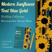 Sunflower Teal Blue Gold Modern Wedding Photo Kaart