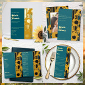 Zonnebloem Teal Blauw Goud Moderne Trouwdag Etiket