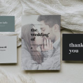 Modern Black Typography Faded Photo Wedding Drieluik Uitnodiging