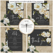 Moderne witte gardenia's op zwart sprankle bruilof save the date