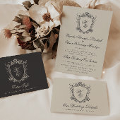 Classic Monogram Beige Formal Floral Crest Wedding Kaart