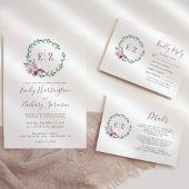 Paarse Bloemenkrans Monogram Huwelijk Dank u Kaart