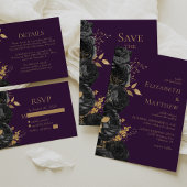 Elegante zwarte bloemengouden Paarse bruiloft RSVP Kaartje