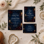 Sfeervolle gotische kaarsverlichte bruiloft save the date
