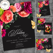 Moody Luxe Floral Vibrant Pink Black Wedding  Bedankkaart