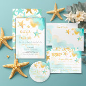 Aqua en gouden Waterverf strand zeesterren bruilof Informatiekaartje