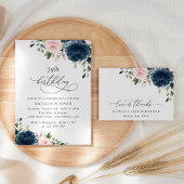 Navy Blue Flowers, Pink Flowers, Boho, Birthday Wijn Etiket